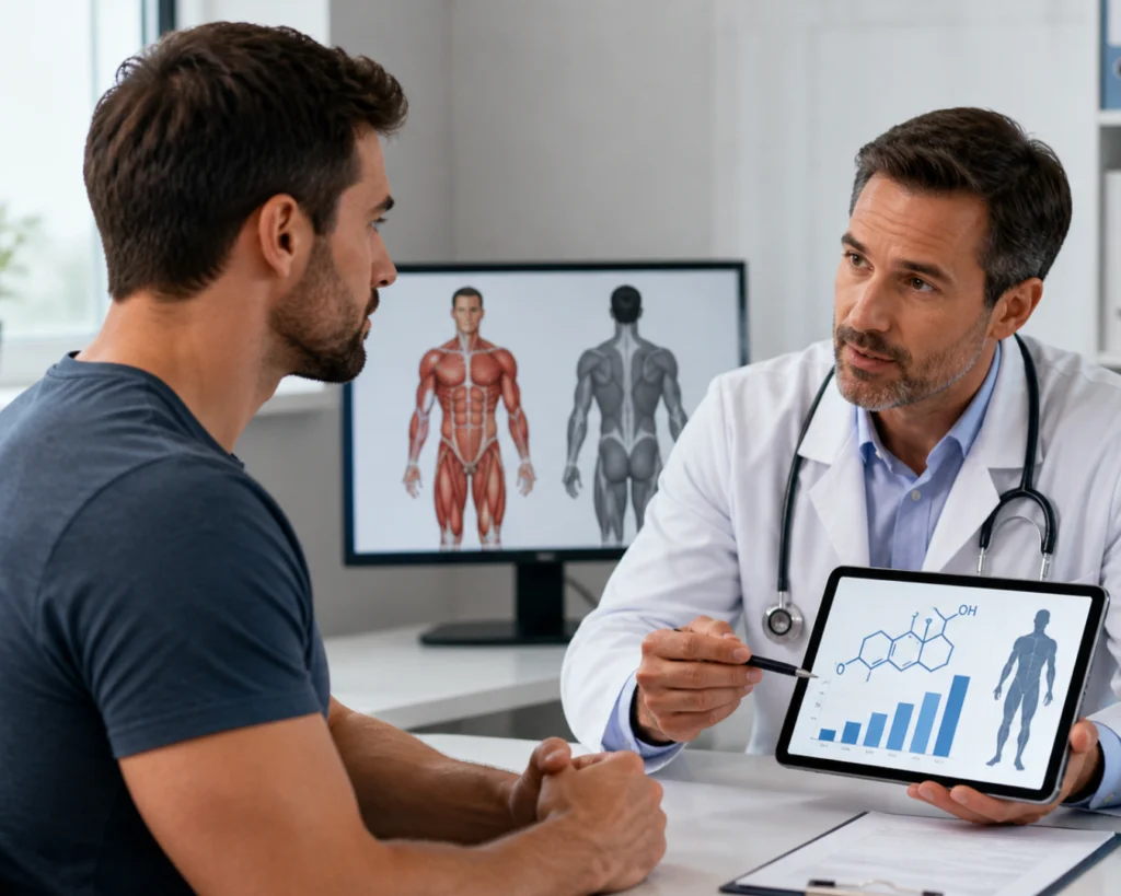 Homem em avaliação médica sobre massa muscular, hormônios e testosterona em Jaraguá do Sul.