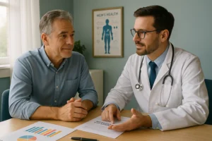 Homem de meia-idade sentado em consultório médico discutindo reposição hormonal com um médico, com gráficos de saúde na mesa e um quadro sobre saúde masculina ao fundo.