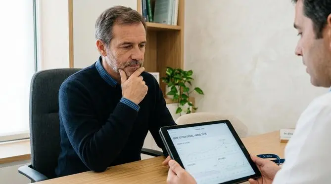 Homem de meia-idade com expressão ponderada observa gráficos de bem-estar em um tablet em consultório médico moderno.