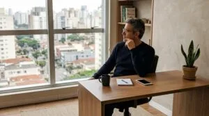 Homem pensativo sentado em escrivaninha de consultório minimalista com vista urbana discreta.