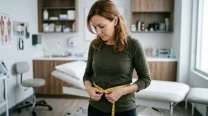Mulher com expressão pensativa medindo a cintura com fita métrica em uma clínica médica moderna.