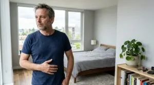 Homem pensativo de meia-idade com barba, segurando o abdômen em quarto moderno e iluminado.