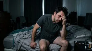 Homem exausto com olhos pesados e frustração visível, tentando se levantar da cama em um quarto escuro pela manhã.
