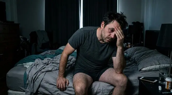 Homem exausto com olhos pesados e frustração visível, tentando se levantar da cama em um quarto escuro pela manhã.