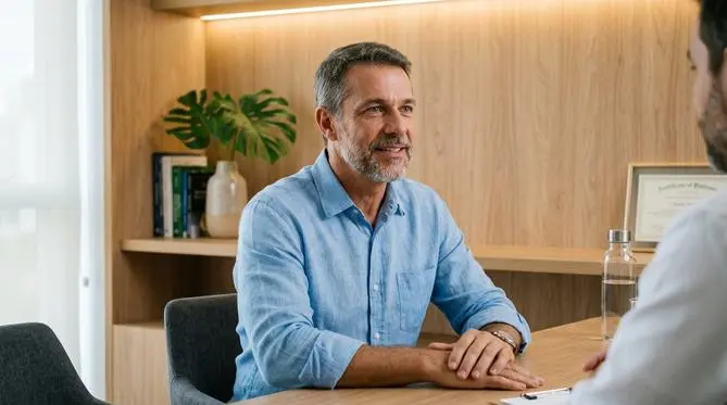 Homem de meia-idade confiante conversando atentamente em um consultório médico moderno e elegante, buscando proativamente sua saúde.