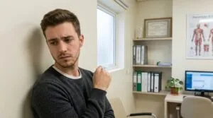 Jovem adulto caucasiano pensativo em consultório médico moderno, refletindo sobre sua saúde e bem-estar.